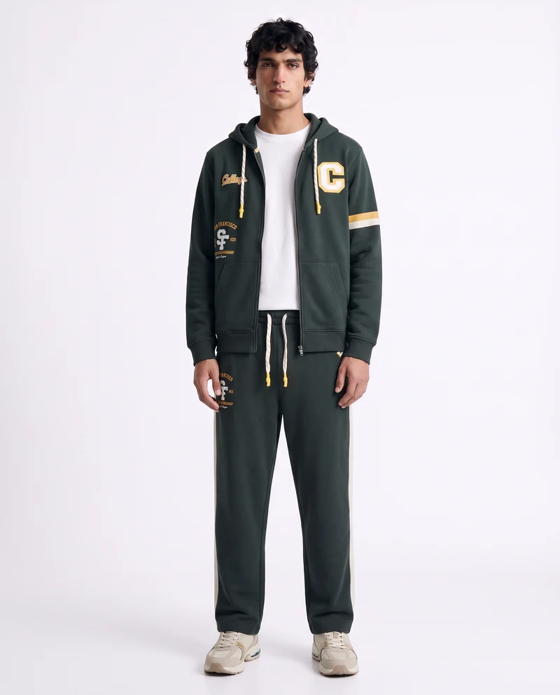Felpa cappuccio cardigan con tasche e patch - Verde scuro