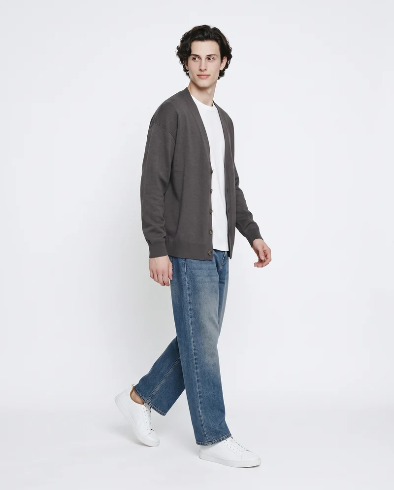 Maglia Cardigan con Scollo a V e Bottoni - Grigio
