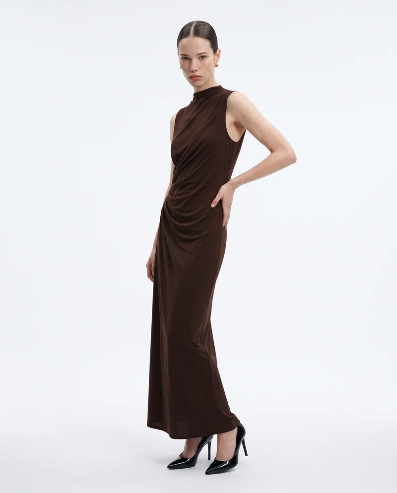 Vestito lungo drappeggiato con spacco - Moro