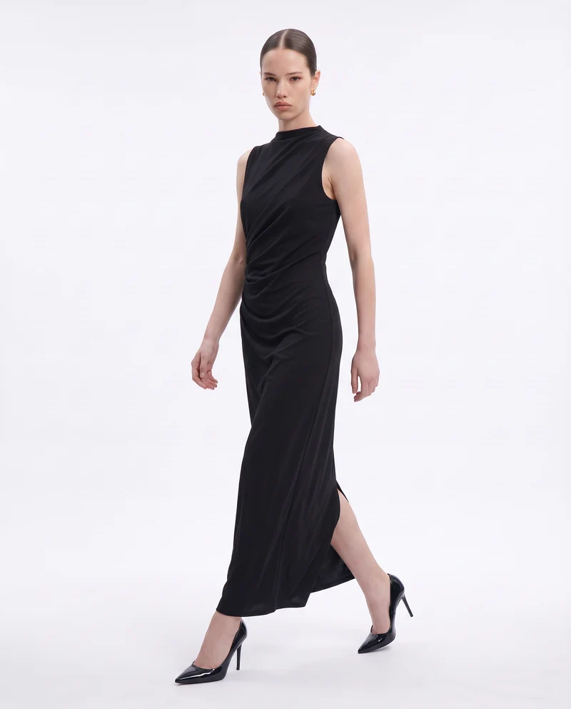 Vestito lungo drappeggiato con spacco - Nero