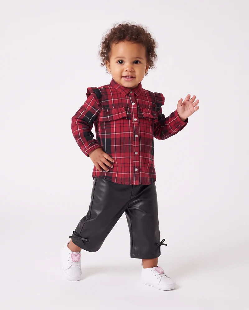 Camicia a quadri manica lunga con rouches - Rosso