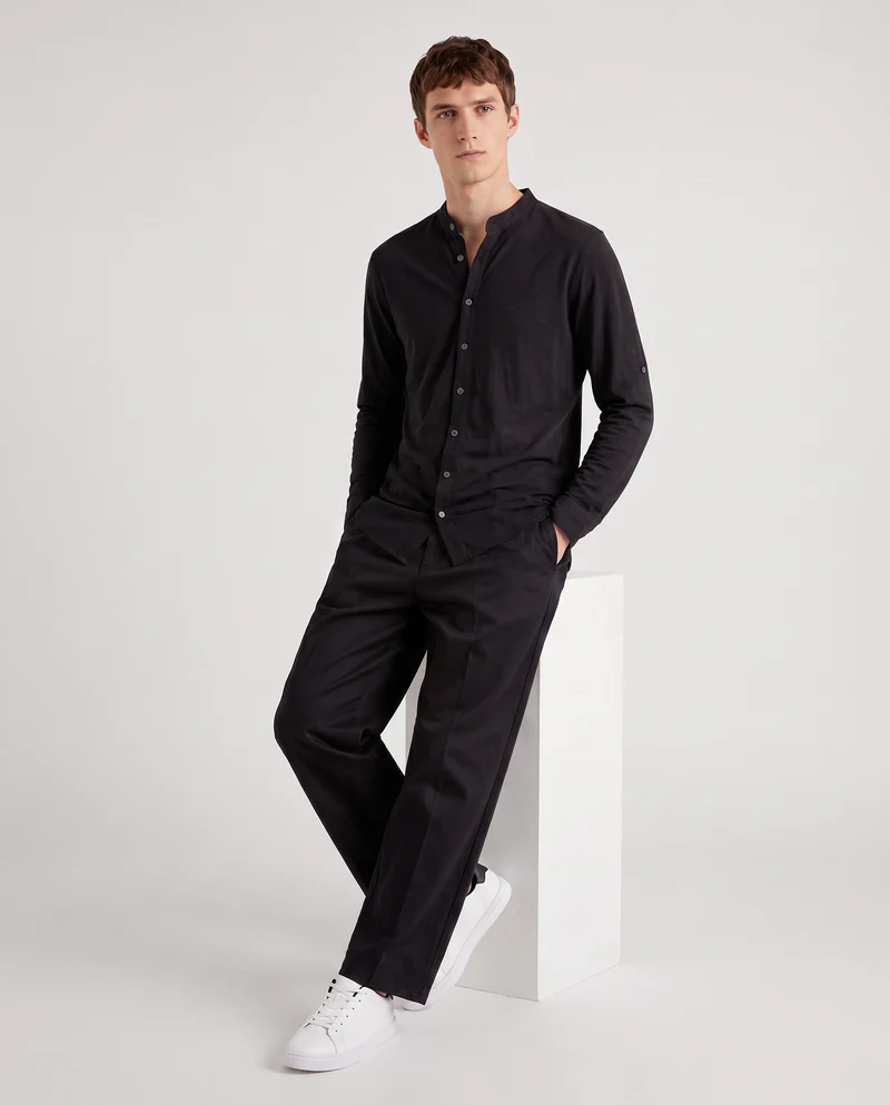 Camicia jersey slub con collo coreano - Nero