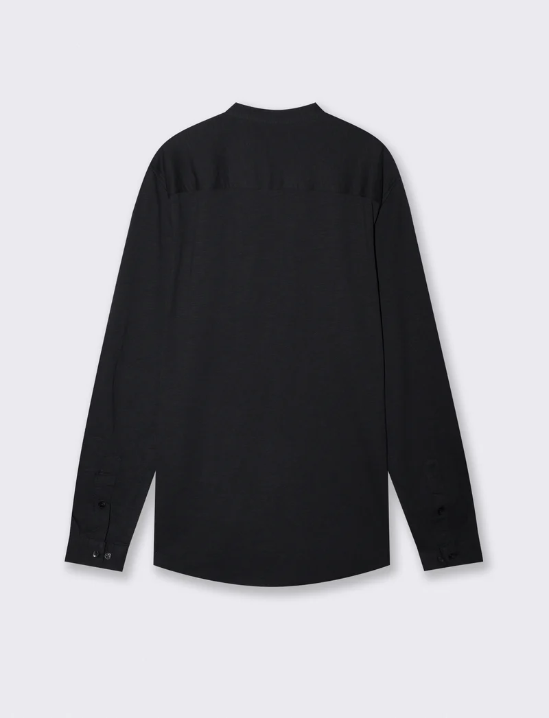 Camicia jersey slub con collo coreano - Nero