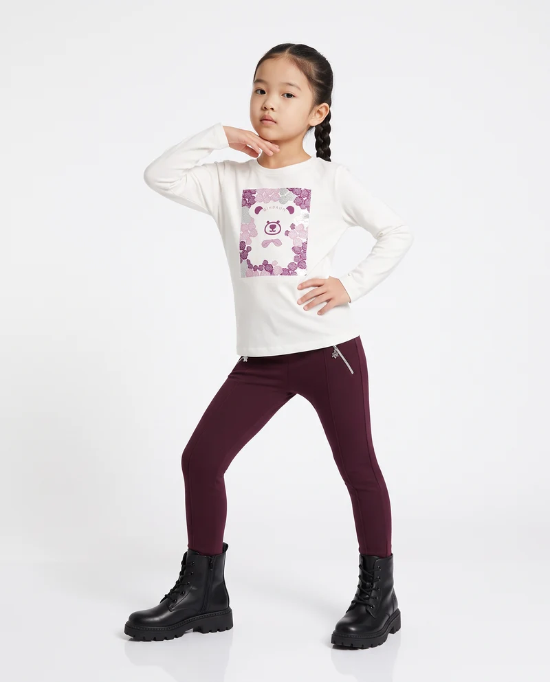 Leggings da bambina con zip e nervature - Bordeaux