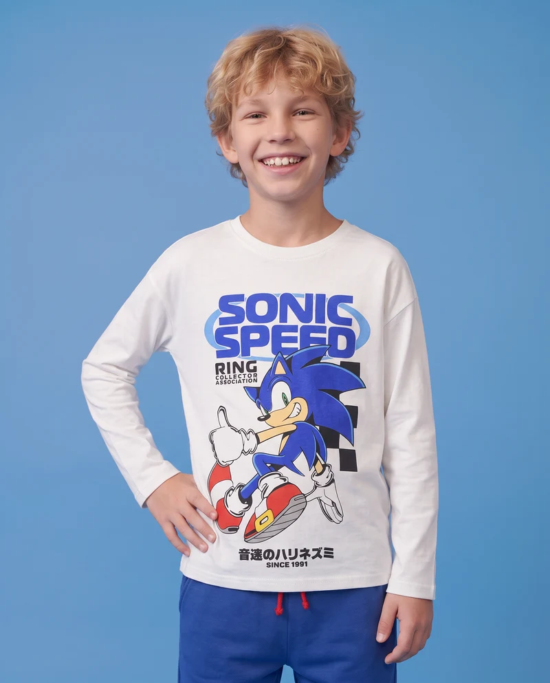 T-shirt Sonic maniche lunghe in cotone - Bianco latte