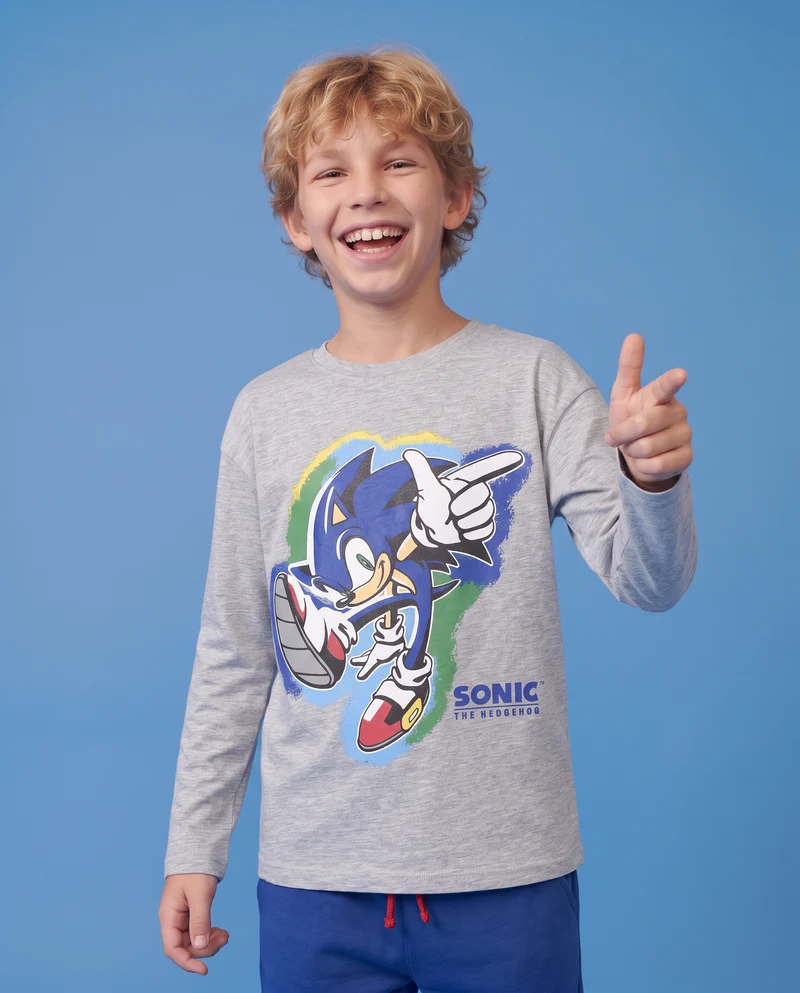 T-shirt Sonic maniche lunghe in cotone - Grigio mel.