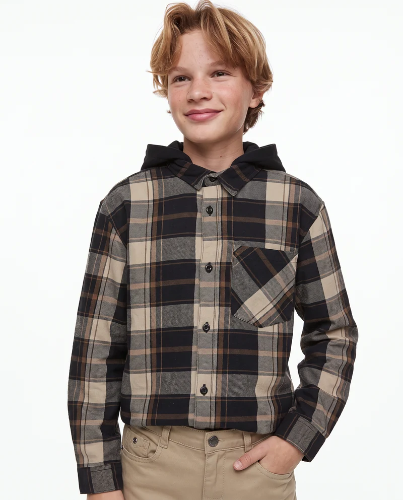 Camicia in flanella a quadri con cappuccio - Fantasia