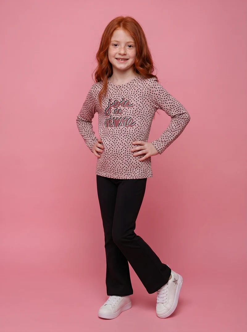 T-shirt manica lunga con stampa lucida - Rosa polvere
