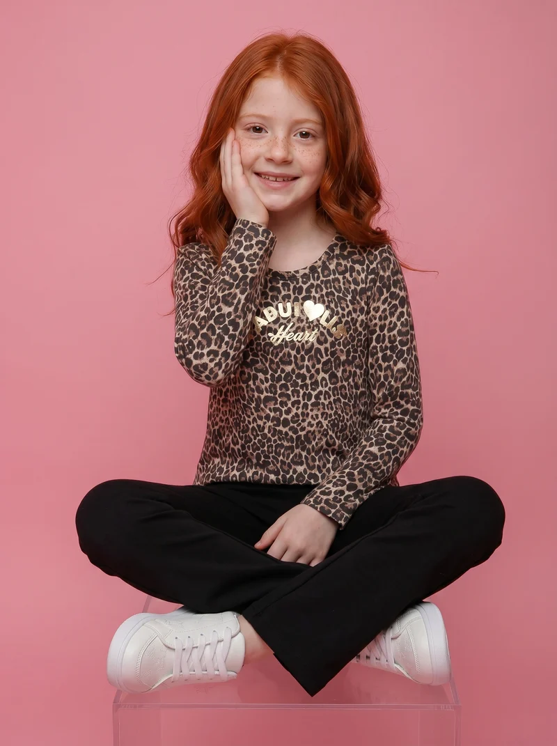 T-shirt manica lunga con stampa lucida - Leopardato