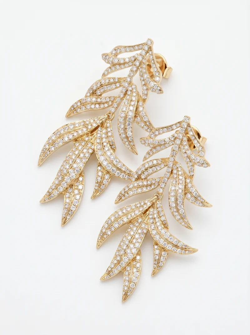 Orecchini lunghi con foglie e strass - Oro