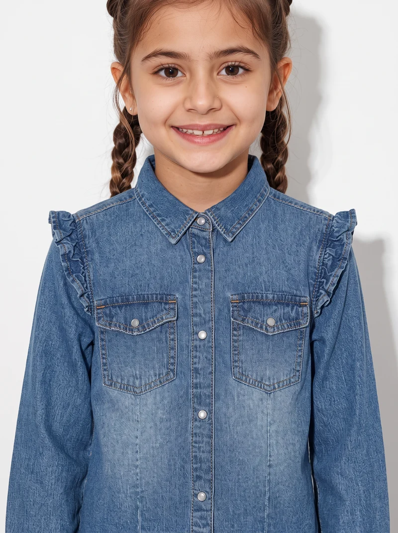 Camicia denim leggera con rouches spalla - Denim