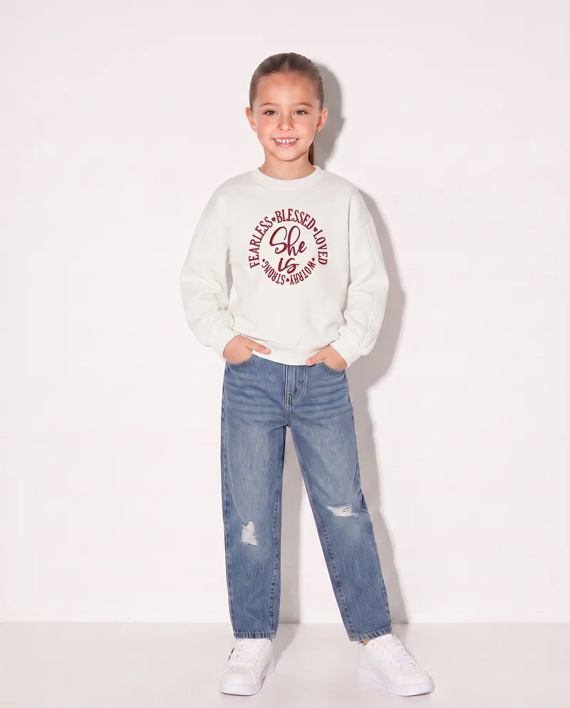Felpa girocollo bambina con ricamo - Bianco latte
