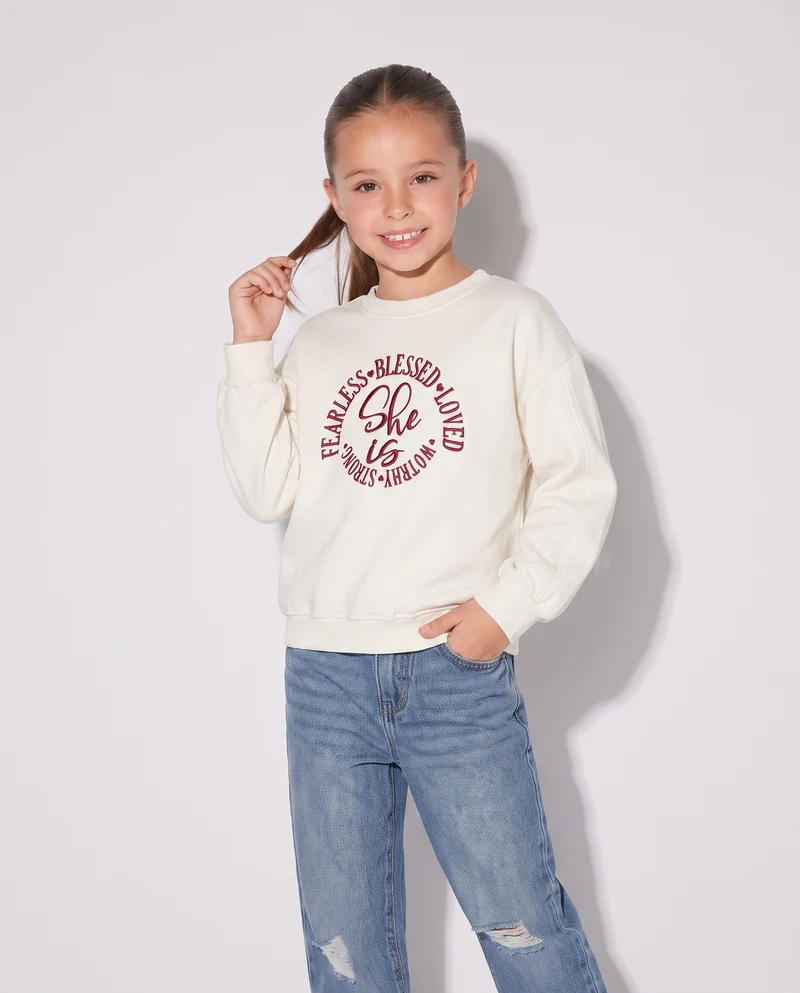 Felpa girocollo bambina con ricamo - Bianco latte