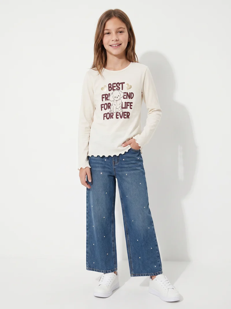 T-shirt manica lunga con orlo ondulato - Bianco latte