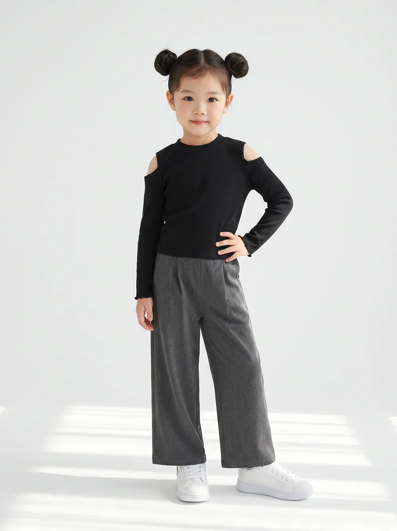 Pantaloni da bambina gamba ampia con laccetto - Grigio