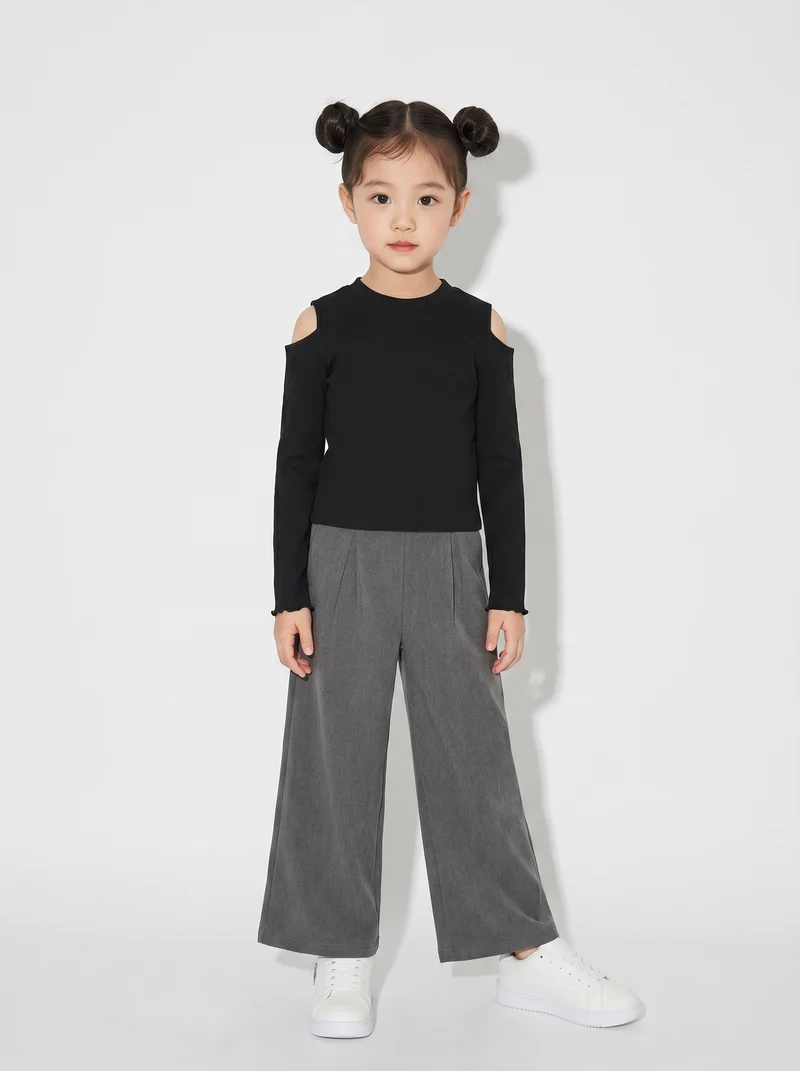 Pantaloni da bambina gamba ampia con laccetto - Grigio