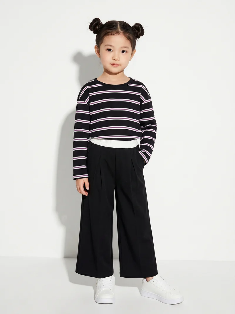 Pantaloni da bambina gamba ampia con laccetto - Nero