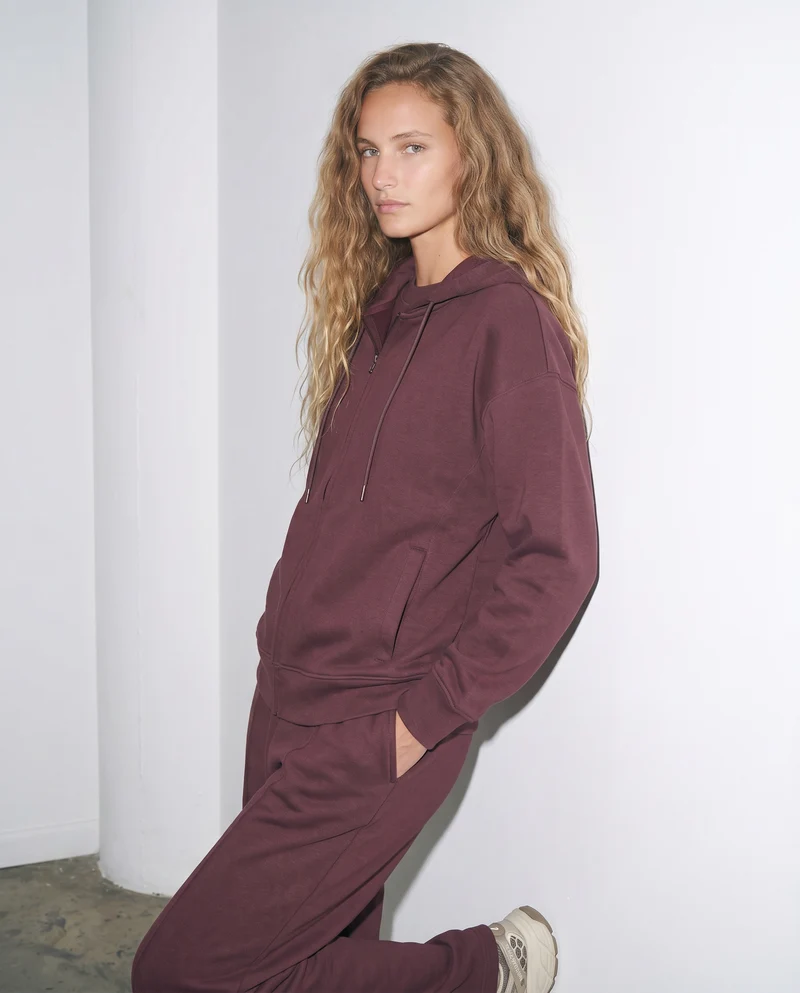 Felpa con zip e cappuccio a manica T - Rosso amarena