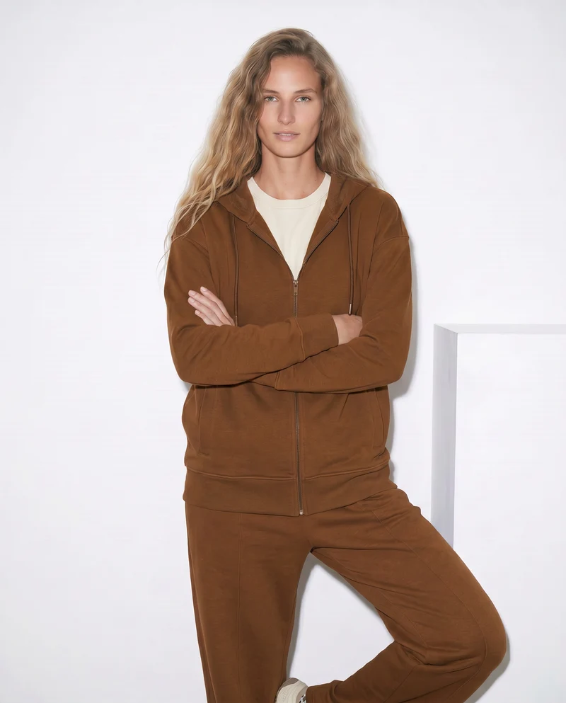 Felpa con zip e cappuccio a manica T - Marrone tabacco