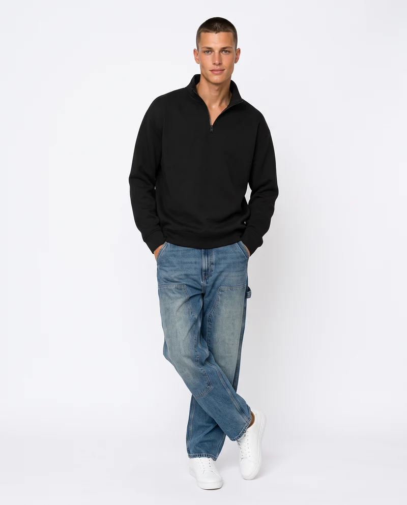 Felpa lupetto zip soft touch relaxed fit - Nero