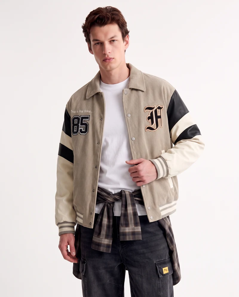 Bomber Varsity in Velluto con Ricami - Beige