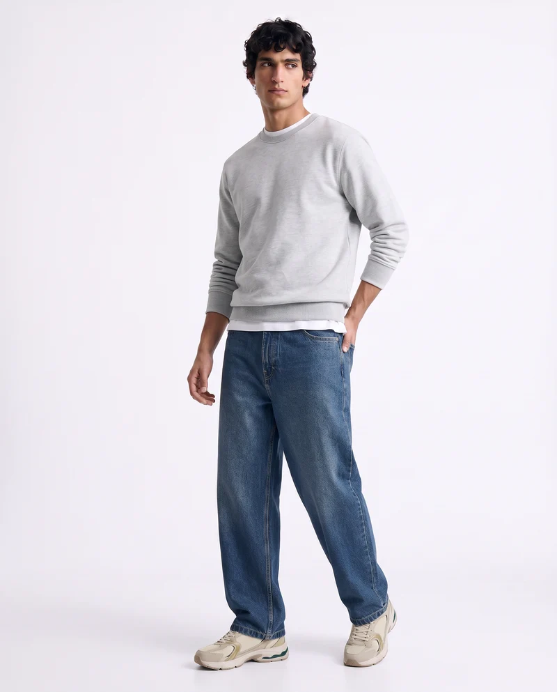 Jeans Tapered Wide Leg Effetto Slavato - Denim