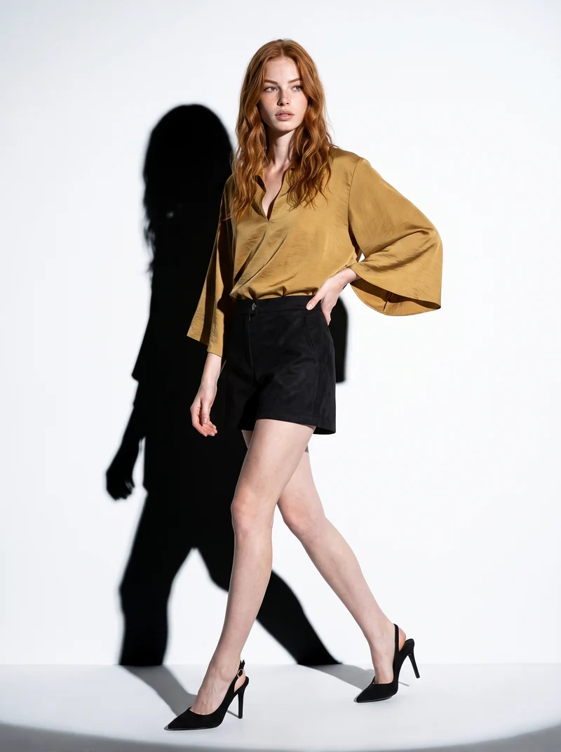 Short in suede con vita media e bottone - Nero