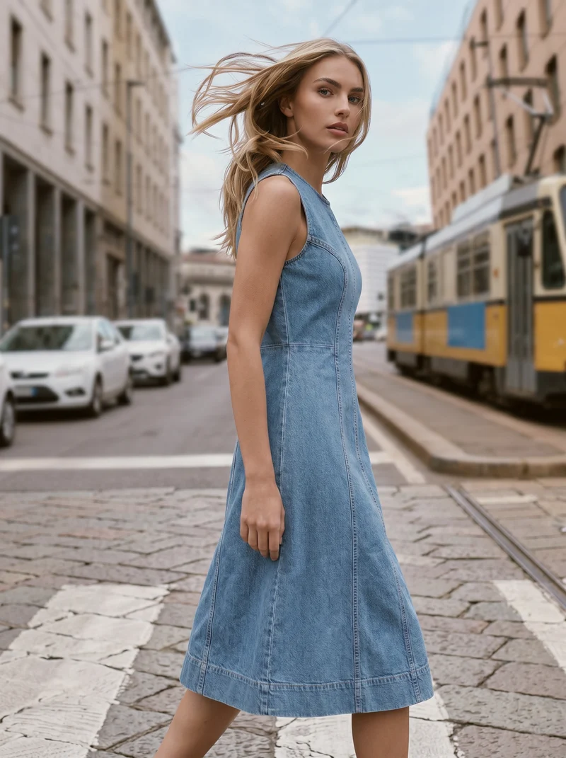Vestito lungo smanicato in denim svasato - Denim chiaro