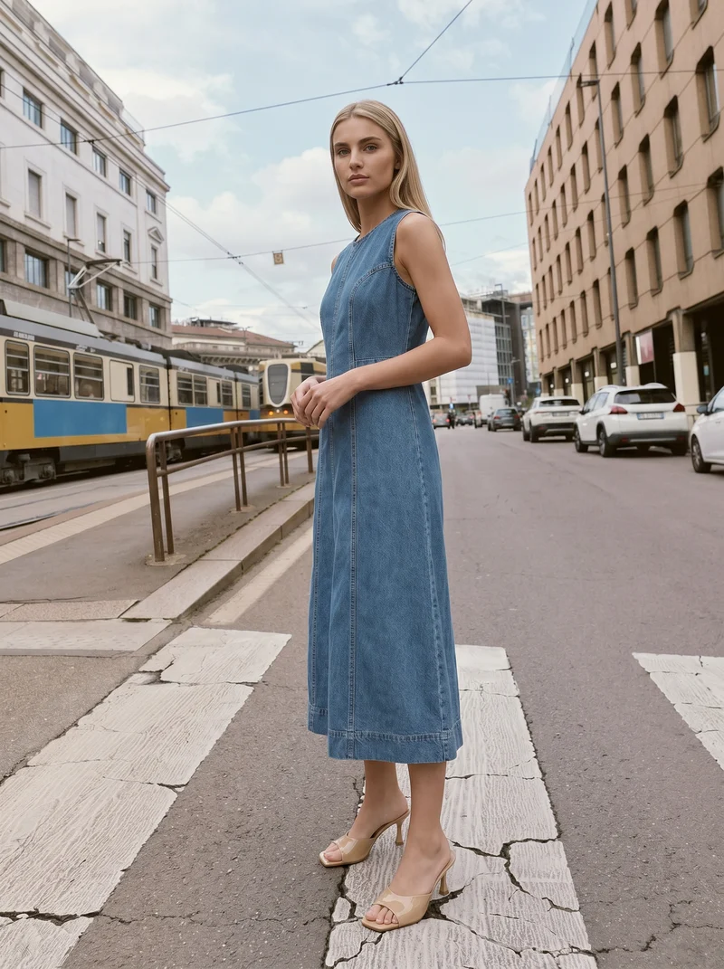 Vestito lungo smanicato in denim svasato - Denim chiaro
