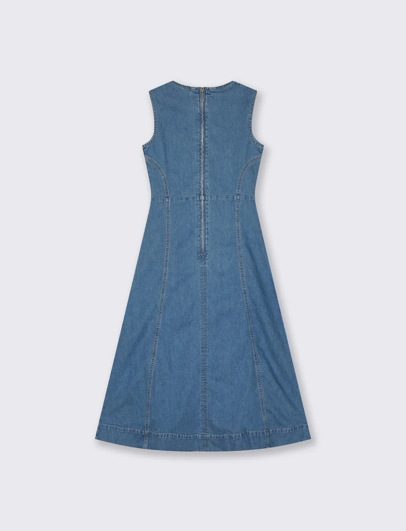 Vestito lungo smanicato in denim svasato - Denim chiaro