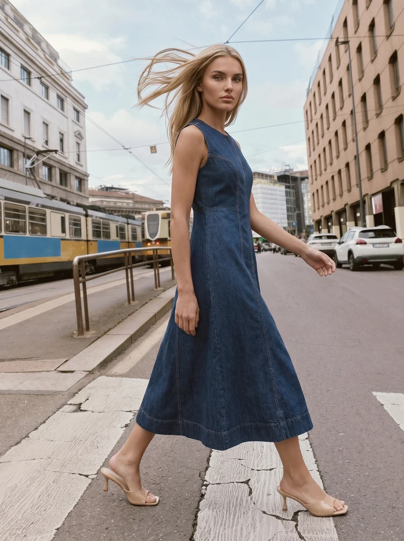 Vestito lungo smanicato in denim svasato - DENIM SCURO