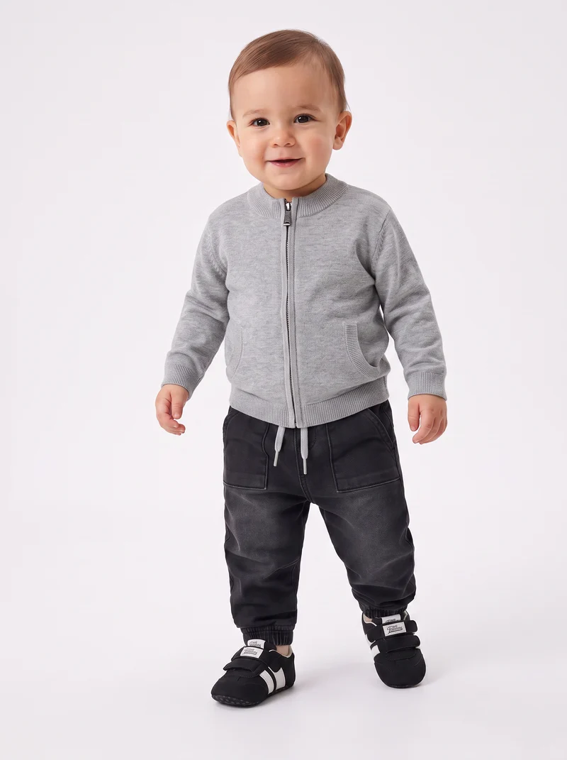 Cardigan basico con zip e tasca canguro - Grigio mel.
