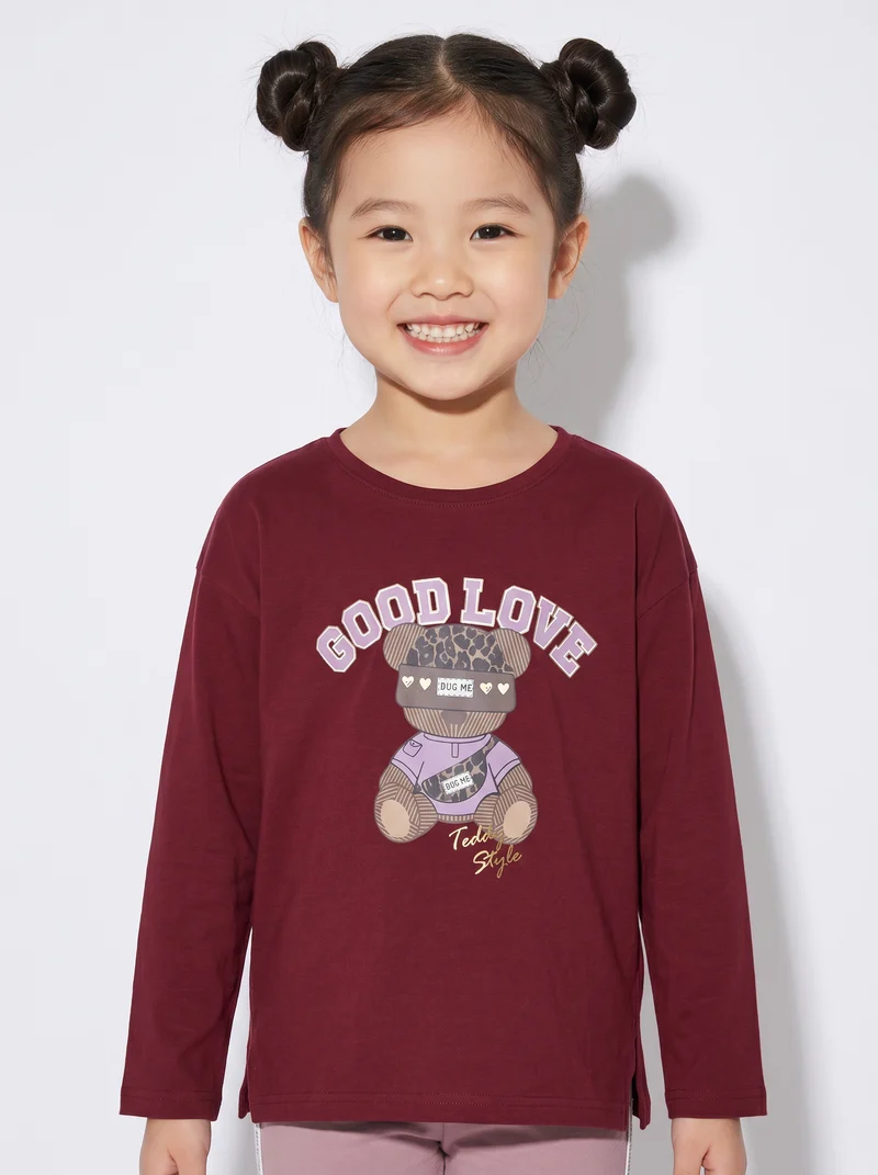 T-shirt lunga girocollo con stampa brillante - Bordeaux