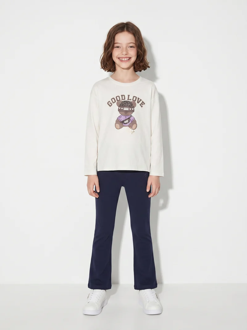 T-shirt lunga girocollo con stampa brillante - Bianco latte