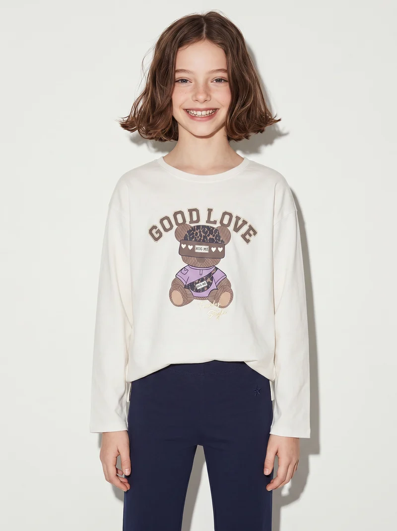 T-shirt lunga girocollo con stampa brillante - Bianco latte