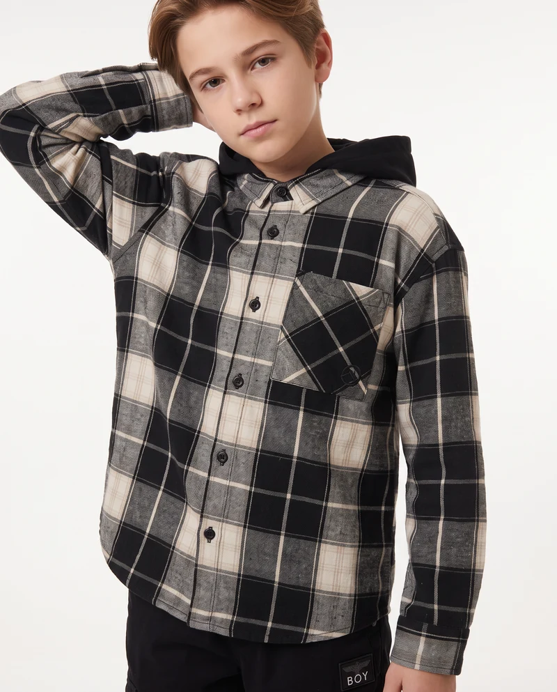 Camicia flanella quadri con cappuccio staccabile - Fantasia