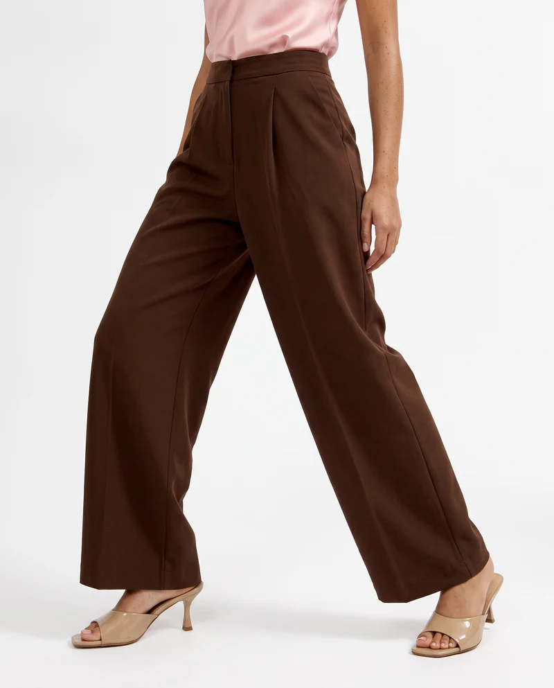 Pantalone wide leg a vita alta con tasche - Marrone cioccolato