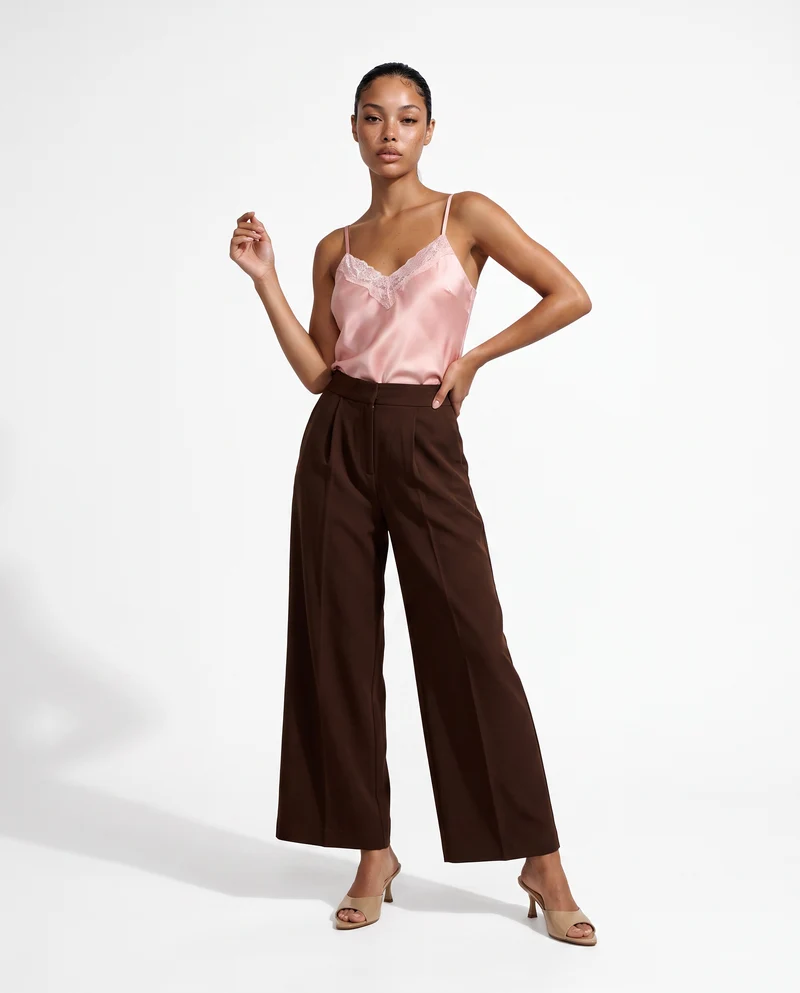 Pantalone wide leg a vita alta con tasche - Marrone cioccolato