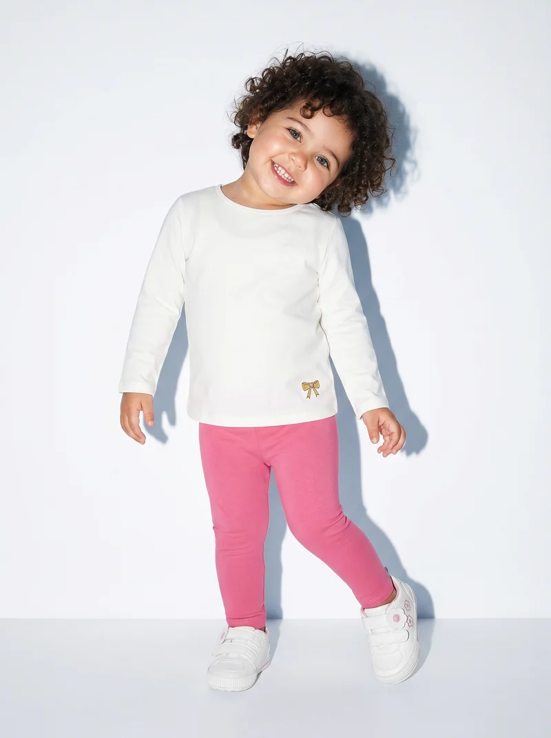 T-shirt basic a maniche lunghe con stampa - Bianco latte