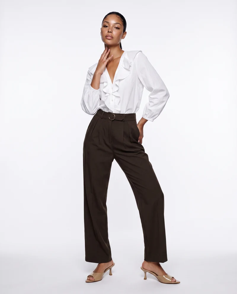 Pantalone wide leg con cintura e pieghe - Moro