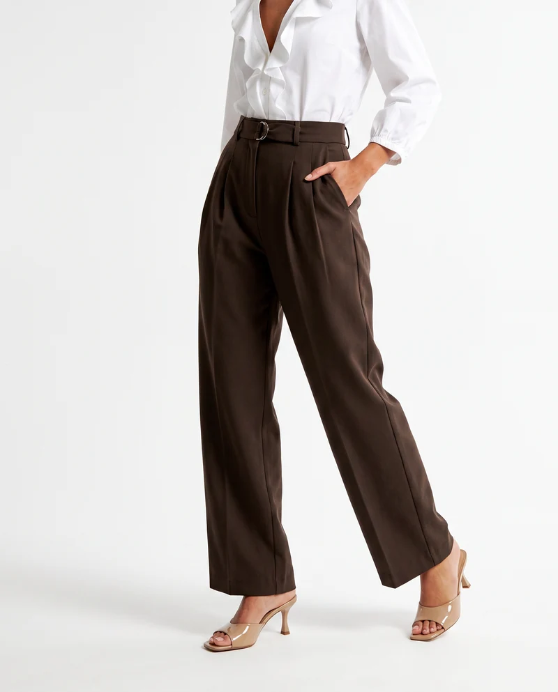 Pantalone wide leg con cintura e pieghe - Moro