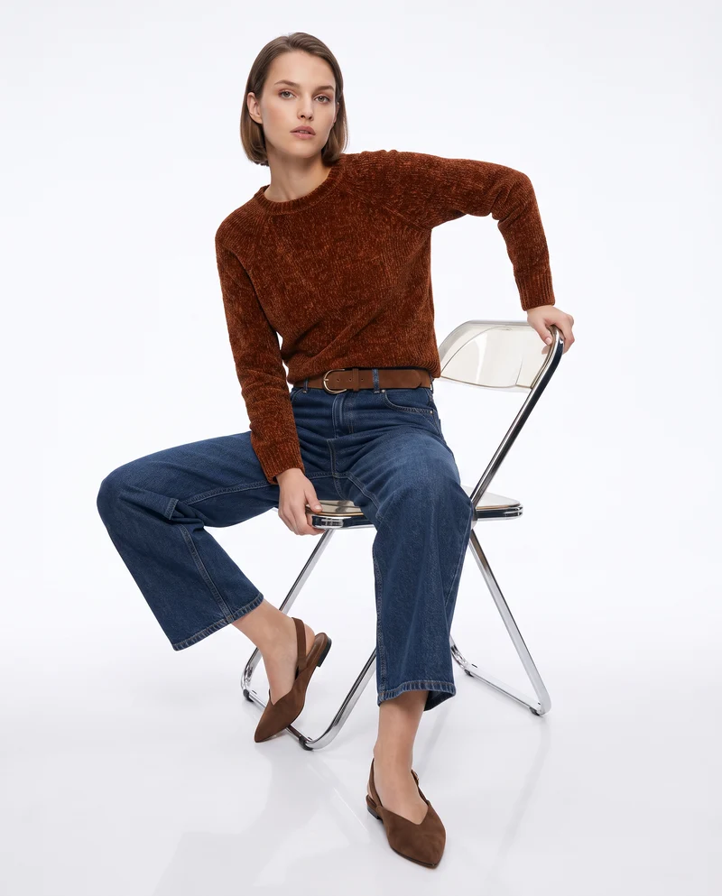 Pullover girocollo in ciniglia basic - Marrone bruciato