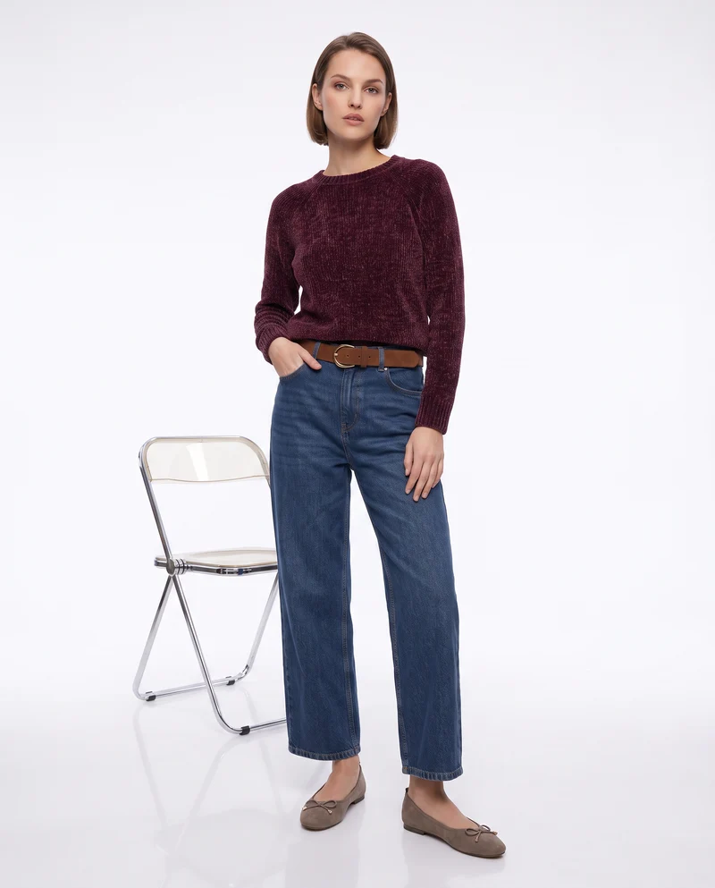 Pullover girocollo in ciniglia basic - Rosso rubino