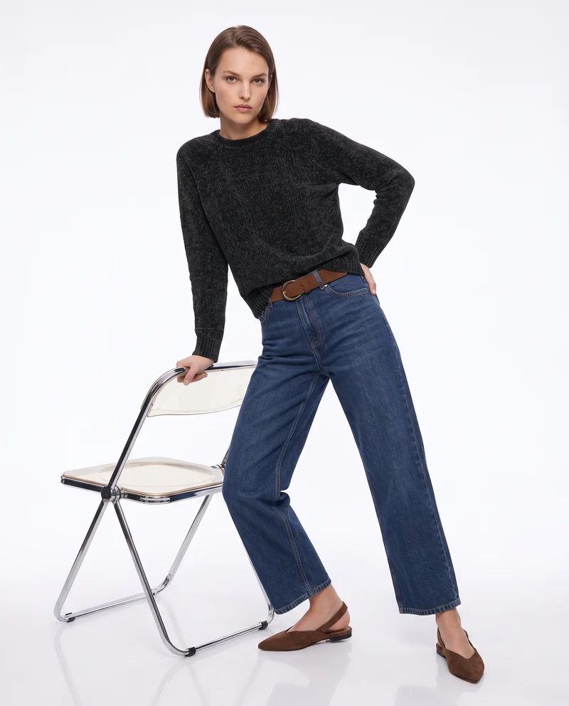Pullover girocollo in ciniglia basic - Nero
