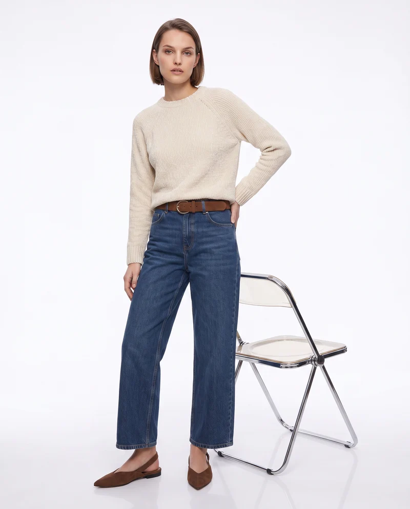 Pullover girocollo in ciniglia basic - Avorio