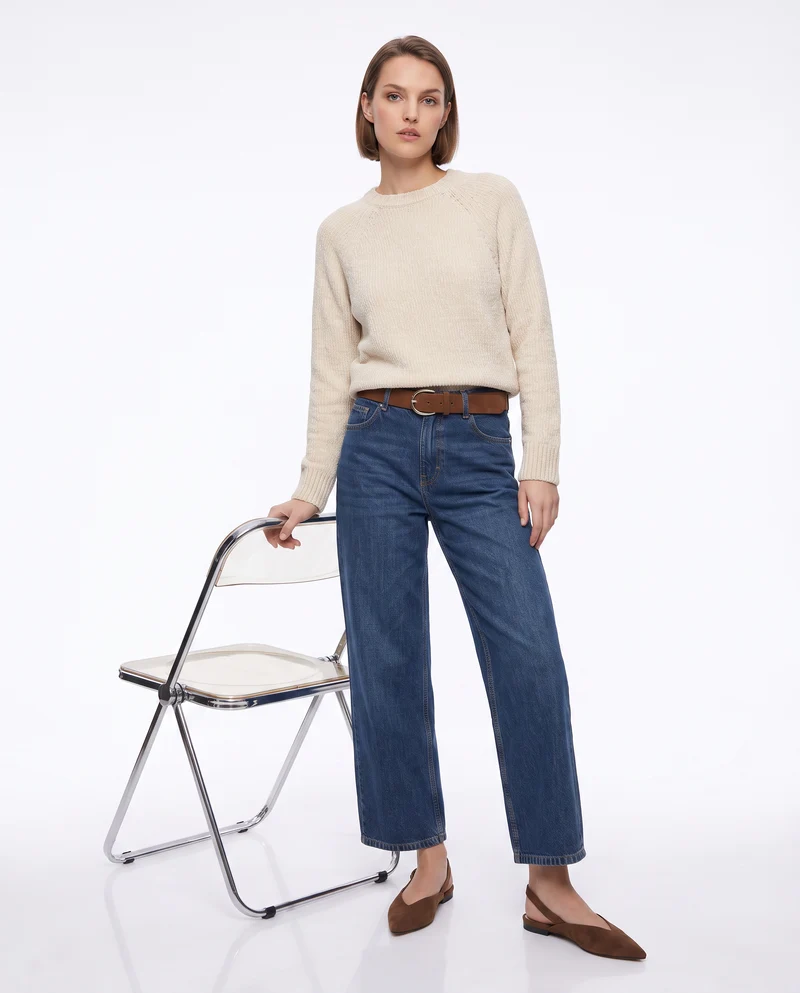 Pullover girocollo in ciniglia basic - Avorio