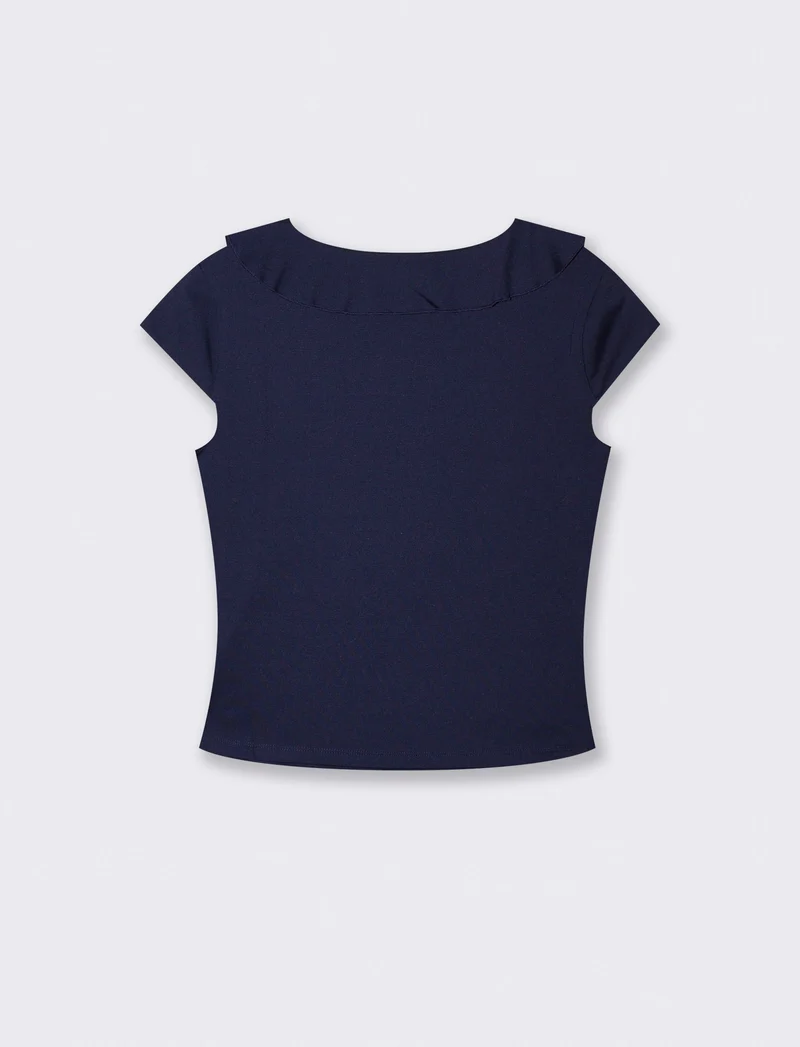 T-shirt manica corta con volant e scollo a V - Blu