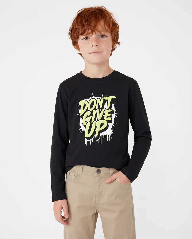 T-shirt manica lunga in cotone con stampa - Nero