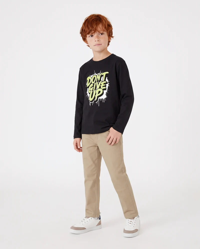 T-shirt manica lunga in cotone con stampa - Nero