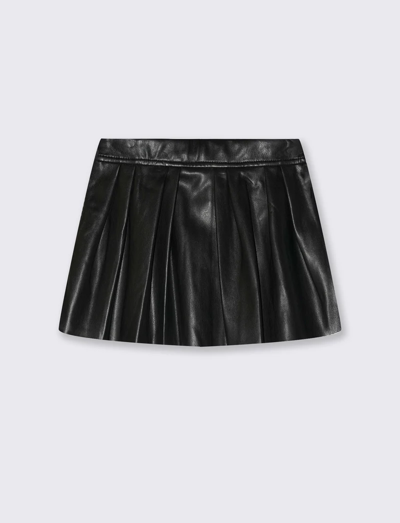 Gonna a pieghe in finta pelle con fiocchi - Nero
